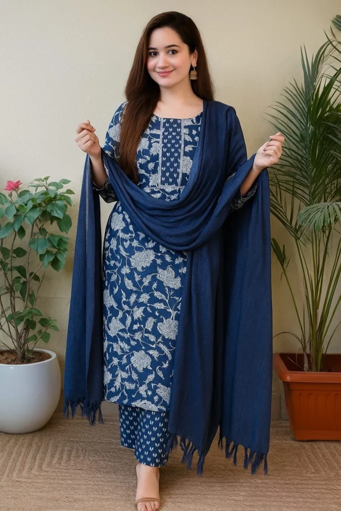 Elegant Blue Printed Cotton Kurti Set with Dupatta