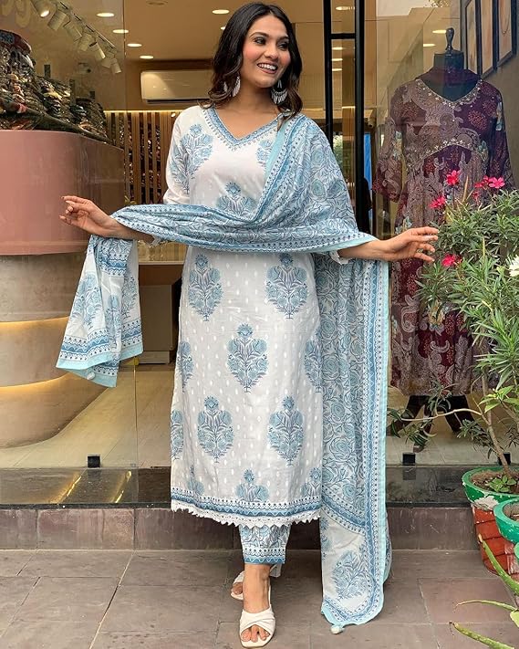 Elegant White & Blue Printed Ethnic Kurta Set with Dupatta