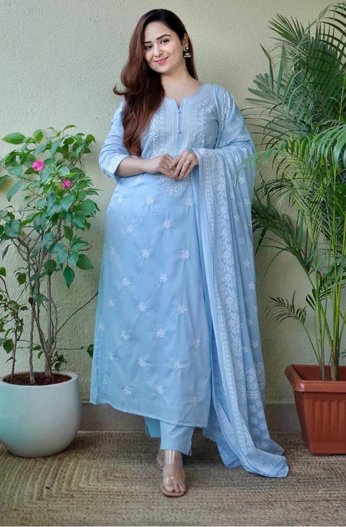 Elegant Light Blue Embroidered Kurta Set with Dupatta