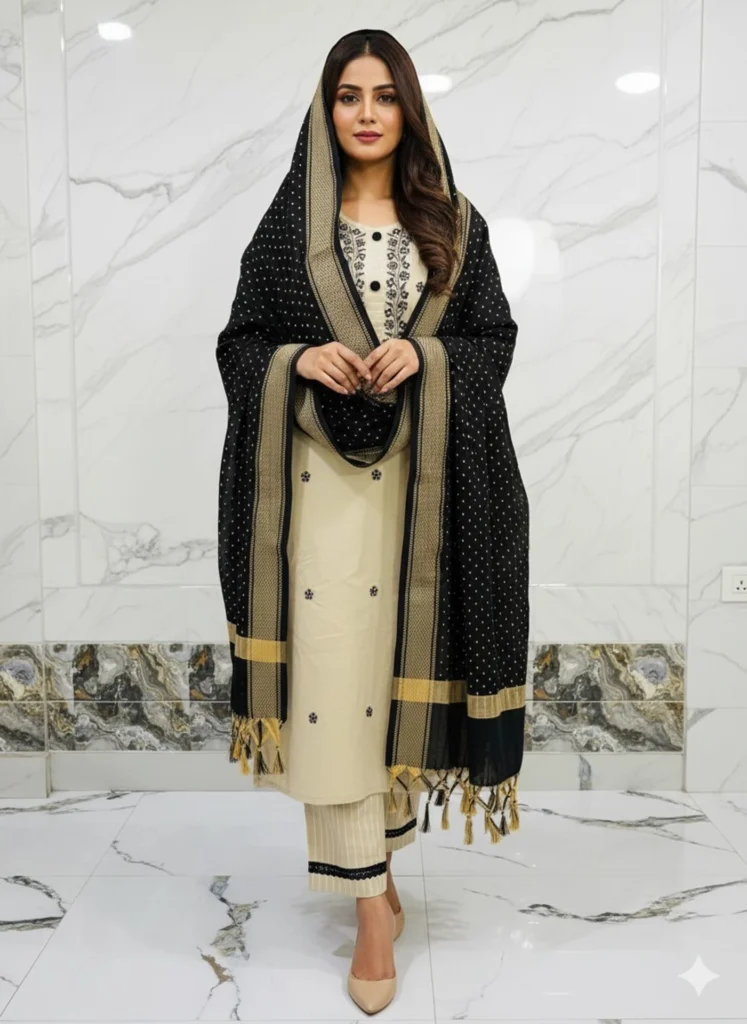 Elegant Black & Cream Designer Kurta Set with Dupatta